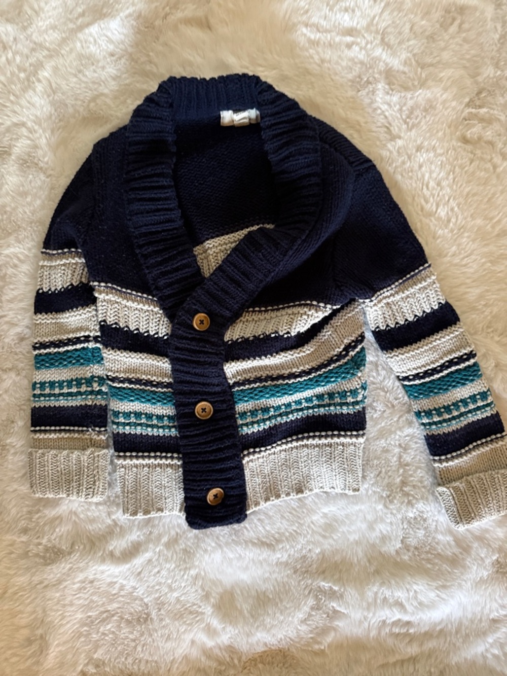 Peek Navy, Cream & Teal Striped Shawl Collar Cardigan